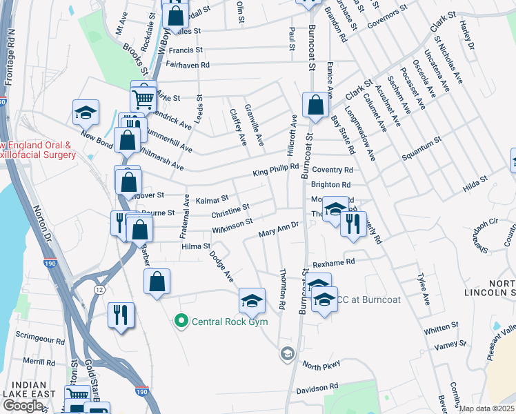 map of restaurants, bars, coffee shops, grocery stores, and more near 87 Christine Street in Worcester
