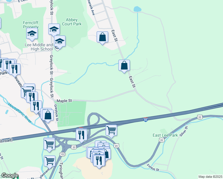 map of restaurants, bars, coffee shops, grocery stores, and more near 425 Maple Street in Lee