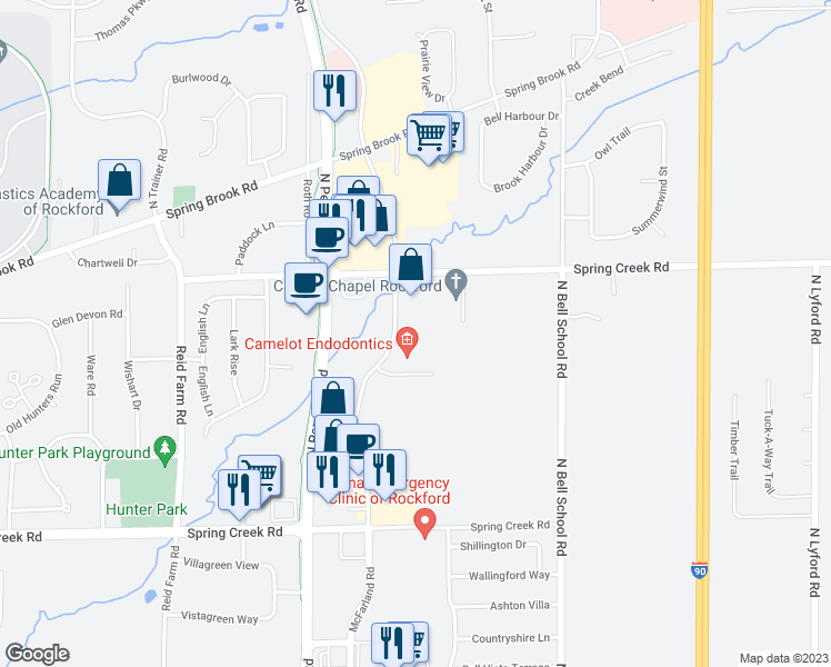 map of restaurants, bars, coffee shops, grocery stores, and more near 2885 McFarland Road in Rockford