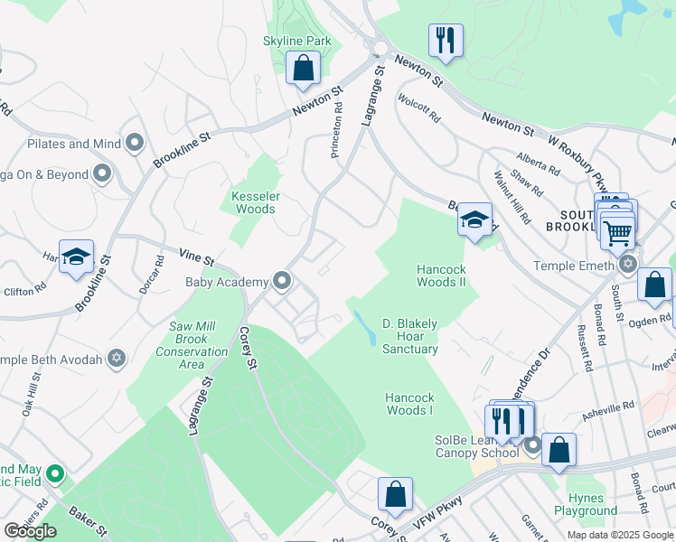 map of restaurants, bars, coffee shops, grocery stores, and more near 20 Broadlawn Drive in Newton
