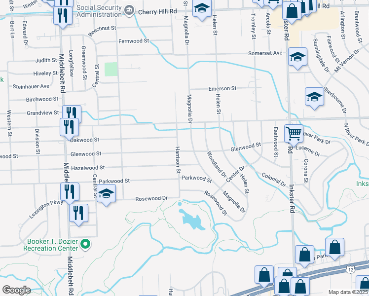 map of restaurants, bars, coffee shops, grocery stores, and more near 28350 Glenwood Street in Inkster