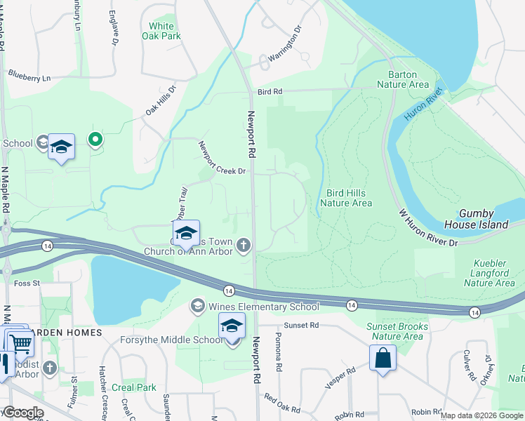 map of restaurants, bars, coffee shops, grocery stores, and more near 2120 Newport Road in Ann Arbor