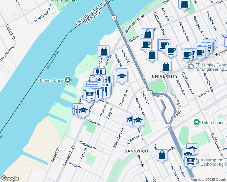 map of restaurants, bars, coffee shops, grocery stores, and more near 3145 Peter Street in Windsor