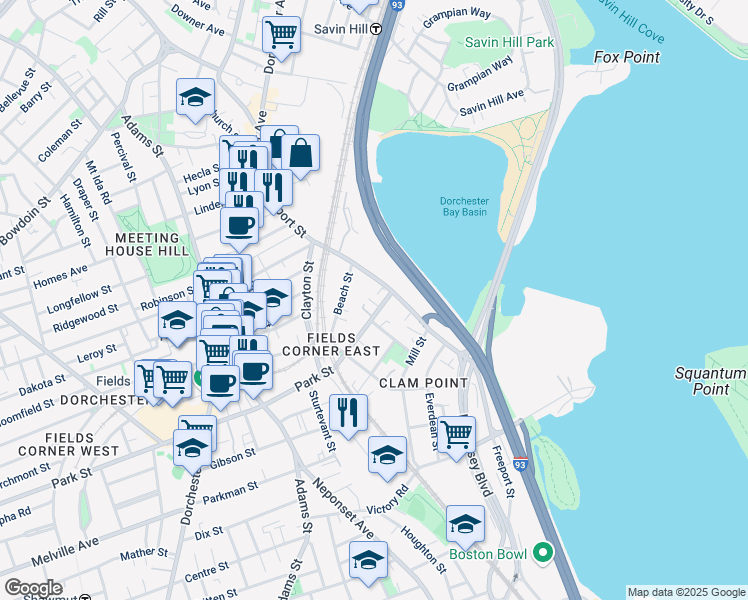 map of restaurants, bars, coffee shops, grocery stores, and more near 229-233 Freeport Street in Boston