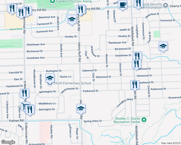 map of restaurants, bars, coffee shops, grocery stores, and more near 30190 Oakwood Street in Inkster