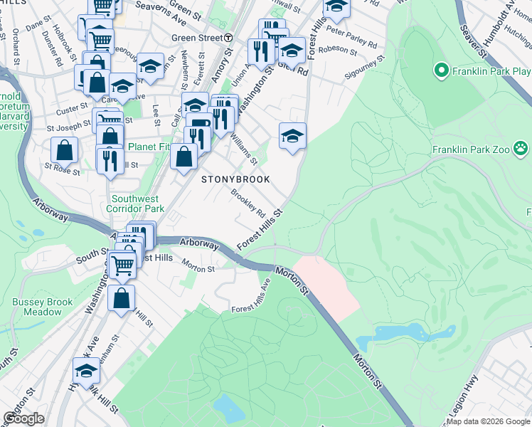 map of restaurants, bars, coffee shops, grocery stores, and more near 281 Forest Hills Street in Boston