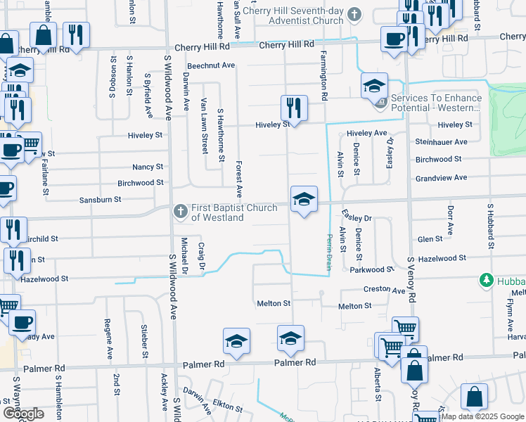 map of restaurants, bars, coffee shops, grocery stores, and more near 33682 Avondale Street in Westland