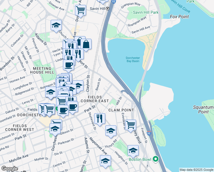 map of restaurants, bars, coffee shops, grocery stores, and more near 229-233 Freeport Street in Boston