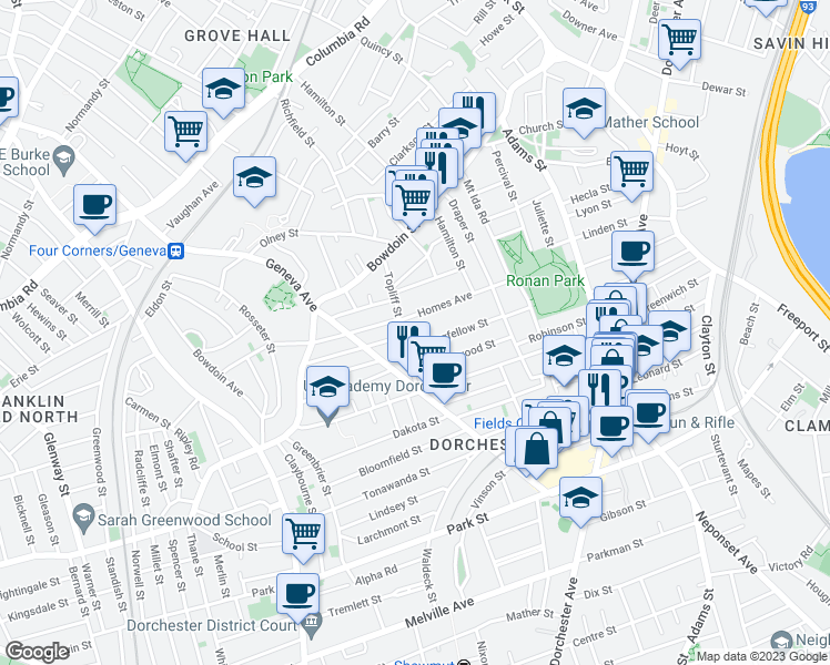 map of restaurants, bars, coffee shops, grocery stores, and more near 91-93 Homes Avenue in Boston