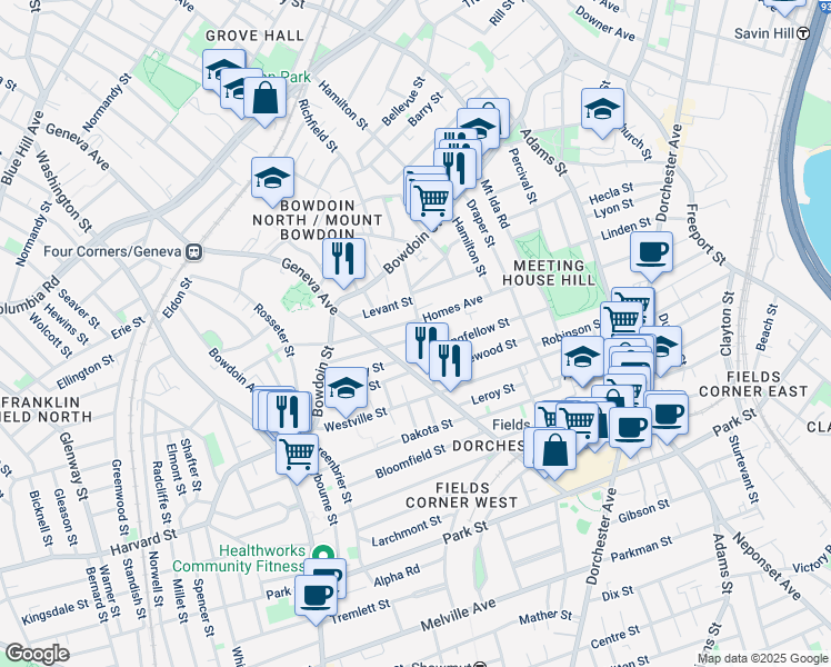 map of restaurants, bars, coffee shops, grocery stores, and more near 63 Homes Avenue in Boston