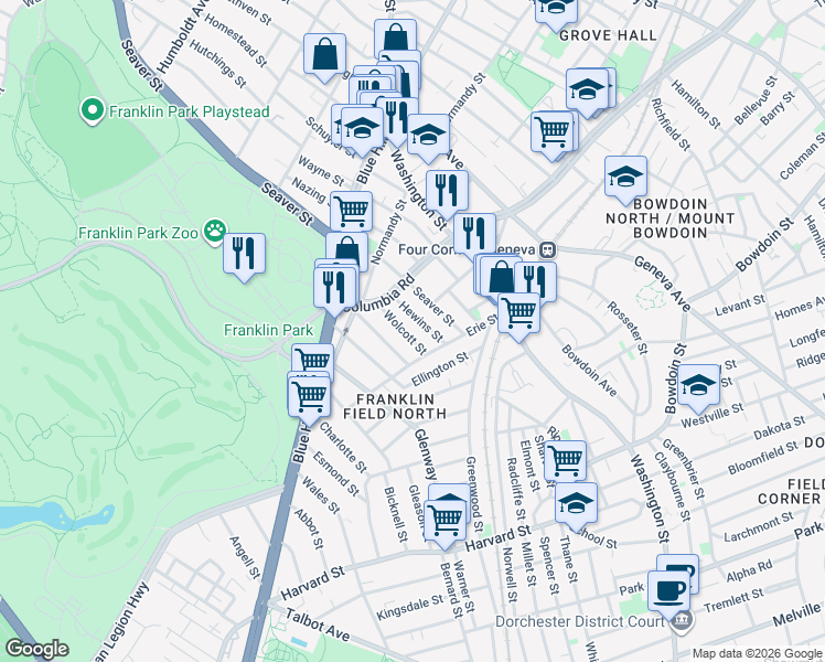 map of restaurants, bars, coffee shops, grocery stores, and more near 21 Hewins Street in Boston