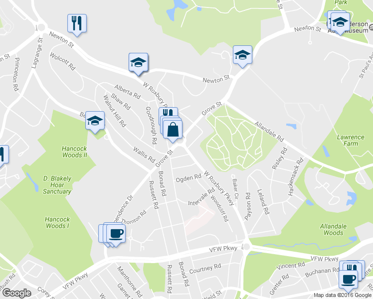 map of restaurants, bars, coffee shops, grocery stores, and more near West Roxbury Parkway in Brookline