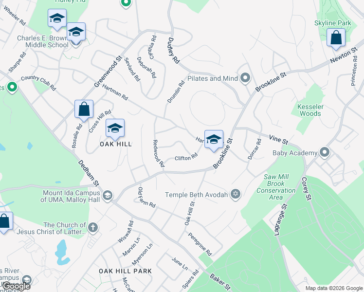map of restaurants, bars, coffee shops, grocery stores, and more near 45 Westgate Road in Newton