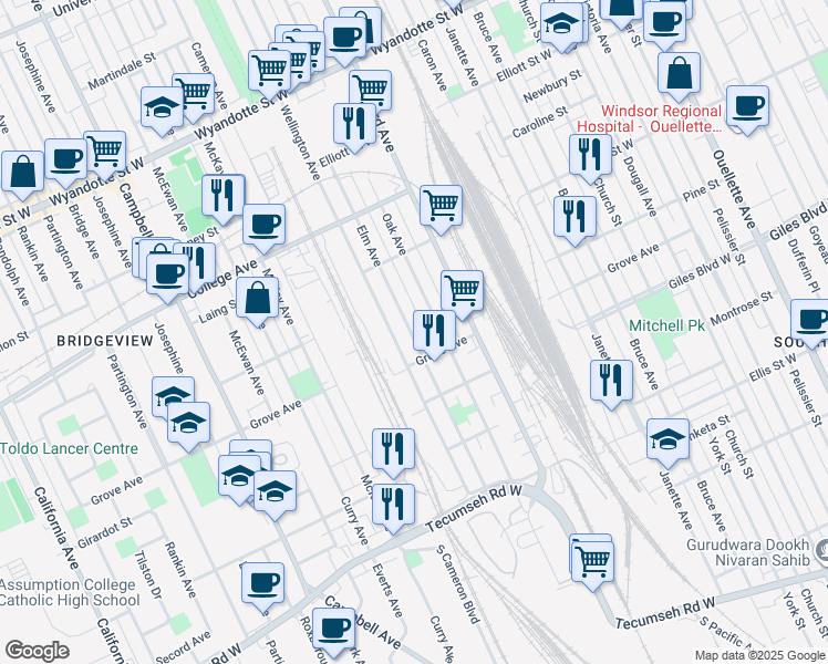 map of restaurants, bars, coffee shops, grocery stores, and more near in Windsor