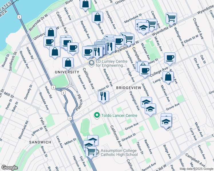 map of restaurants, bars, coffee shops, grocery stores, and more near 789 Randolph Avenue in Windsor