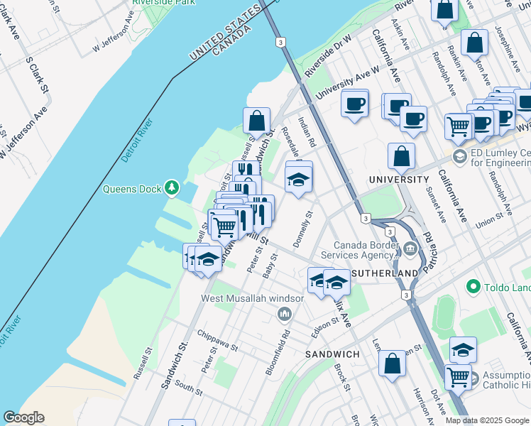 map of restaurants, bars, coffee shops, grocery stores, and more near in Windsor