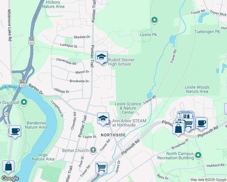 map of restaurants, bars, coffee shops, grocery stores, and more near 2020 Tibbits Court in Ann Arbor