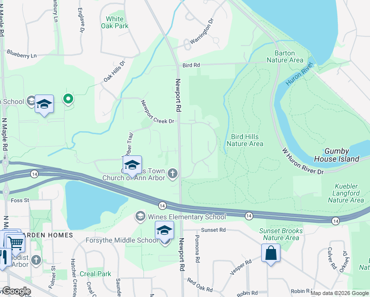 map of restaurants, bars, coffee shops, grocery stores, and more near 2120 Newport Road in Ann Arbor