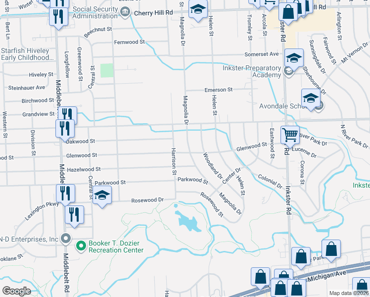 map of restaurants, bars, coffee shops, grocery stores, and more near 1115 Magnolia Drive in Inkster