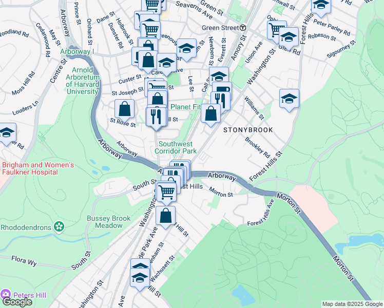 map of restaurants, bars, coffee shops, grocery stores, and more near 3615 Washington Street in Boston