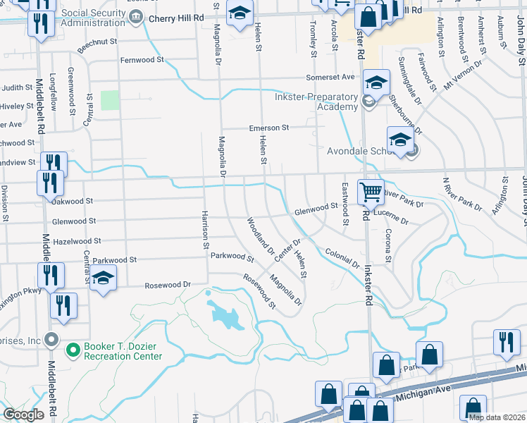map of restaurants, bars, coffee shops, grocery stores, and more near 1168 Helen Street in Inkster