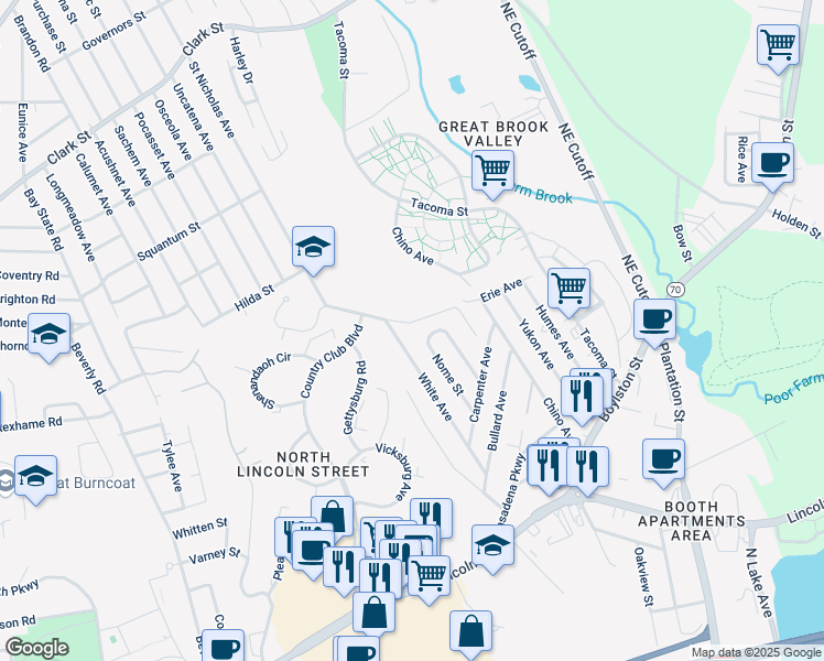 map of restaurants, bars, coffee shops, grocery stores, and more near 2 Erie Avenue in Worcester