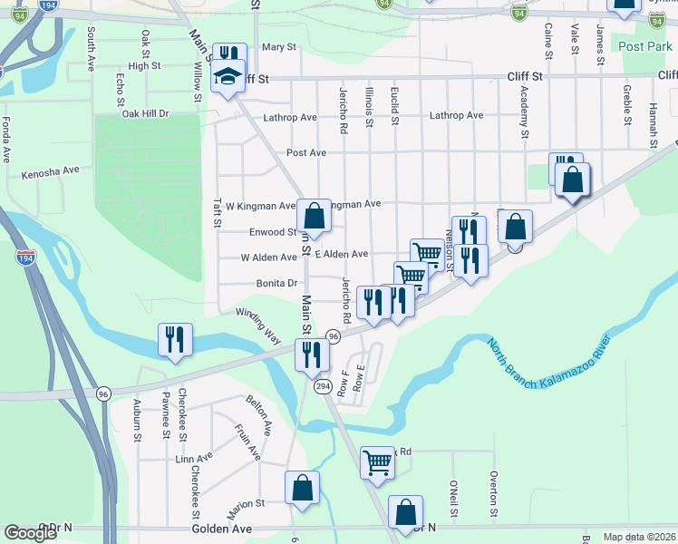 map of restaurants, bars, coffee shops, grocery stores, and more near 20 East Alden Avenue in Battle Creek