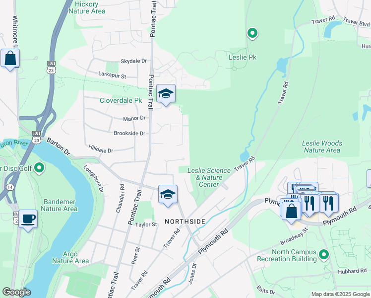 map of restaurants, bars, coffee shops, grocery stores, and more near 2020 Tibbits Court in Ann Arbor