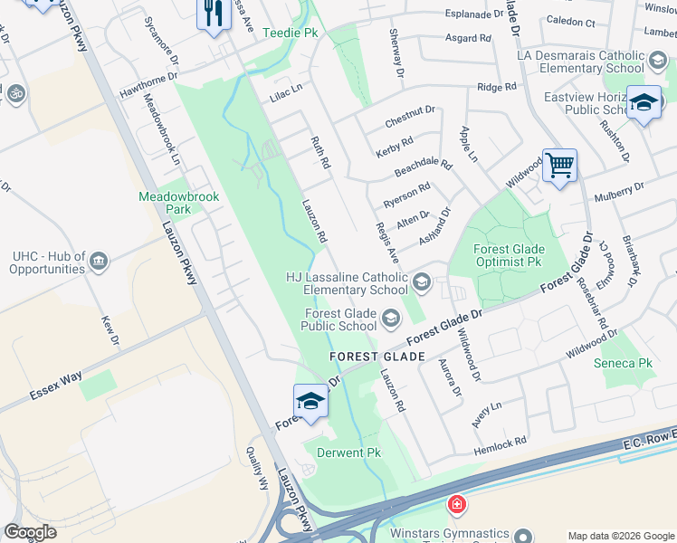 map of restaurants, bars, coffee shops, grocery stores, and more near 3070 Lauzon Road in Windsor