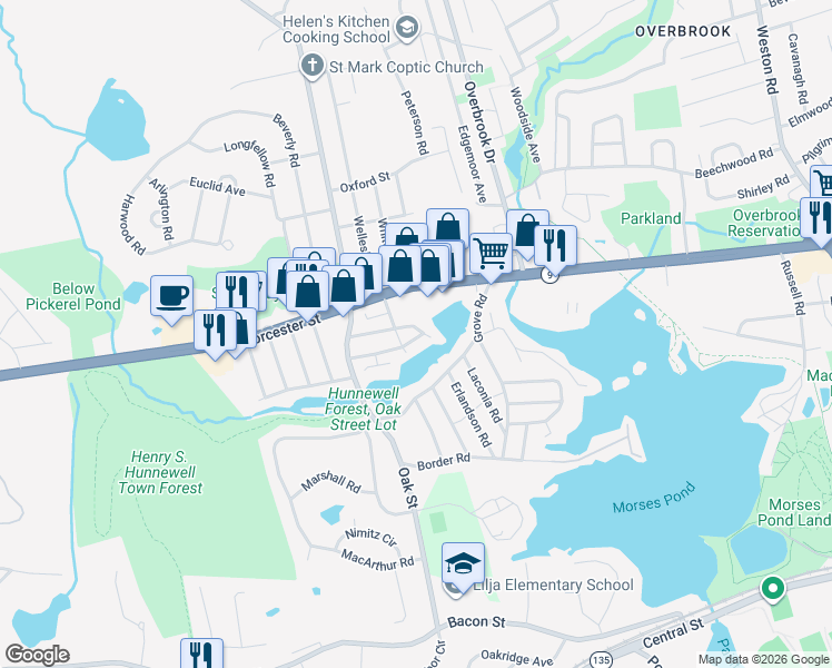 map of restaurants, bars, coffee shops, grocery stores, and more near 6 Bass Terrace in Natick