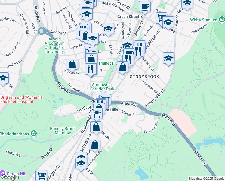 map of restaurants, bars, coffee shops, grocery stores, and more near 3615-3645 Washington Street in Boston