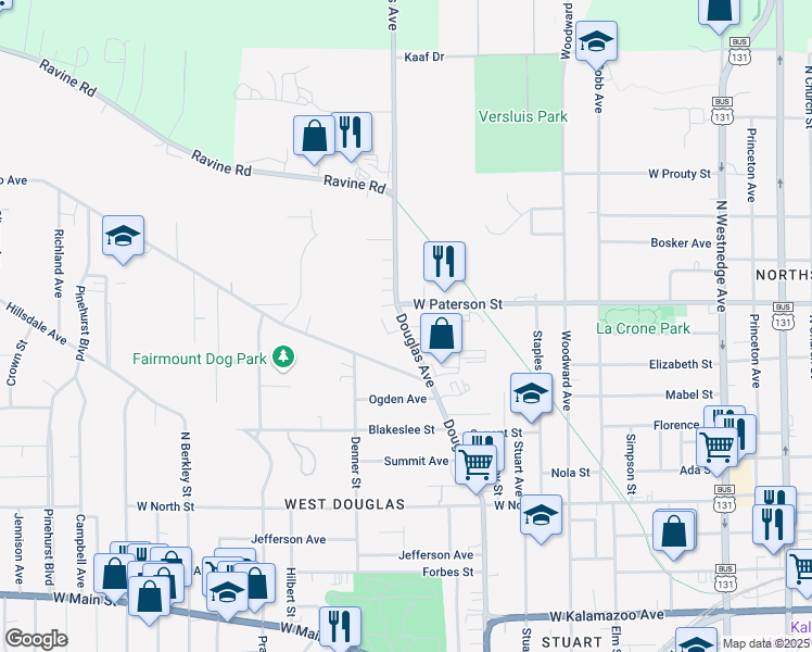 map of restaurants, bars, coffee shops, grocery stores, and more near 1200 Douglas Avenue in Kalamazoo