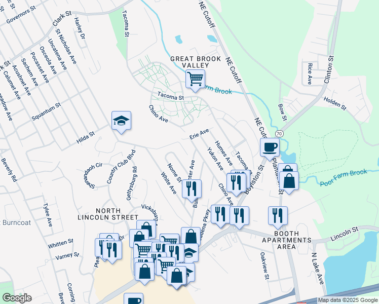 map of restaurants, bars, coffee shops, grocery stores, and more near 5 Cataline Street in Worcester