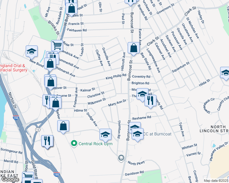 map of restaurants, bars, coffee shops, grocery stores, and more near 112 Christine Street in Worcester
