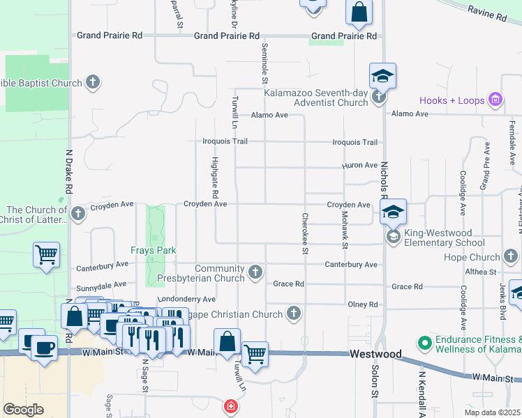 map of restaurants, bars, coffee shops, grocery stores, and more near 3807 Croyden Avenue in Kalamazoo