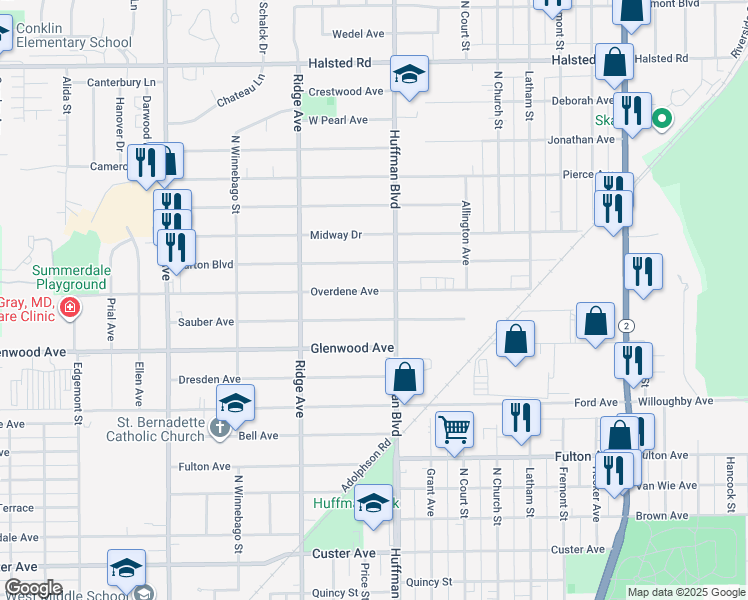 map of restaurants, bars, coffee shops, grocery stores, and more near 1814 Overdene Avenue in Rockford