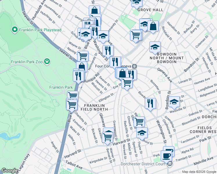 map of restaurants, bars, coffee shops, grocery stores, and more near 424 Seaver Street in Boston