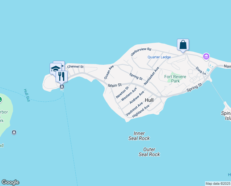 map of restaurants, bars, coffee shops, grocery stores, and more near 106 Highland Avenue in Hull