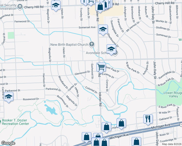 map of restaurants, bars, coffee shops, grocery stores, and more near 1228 Eastwood Street in Inkster