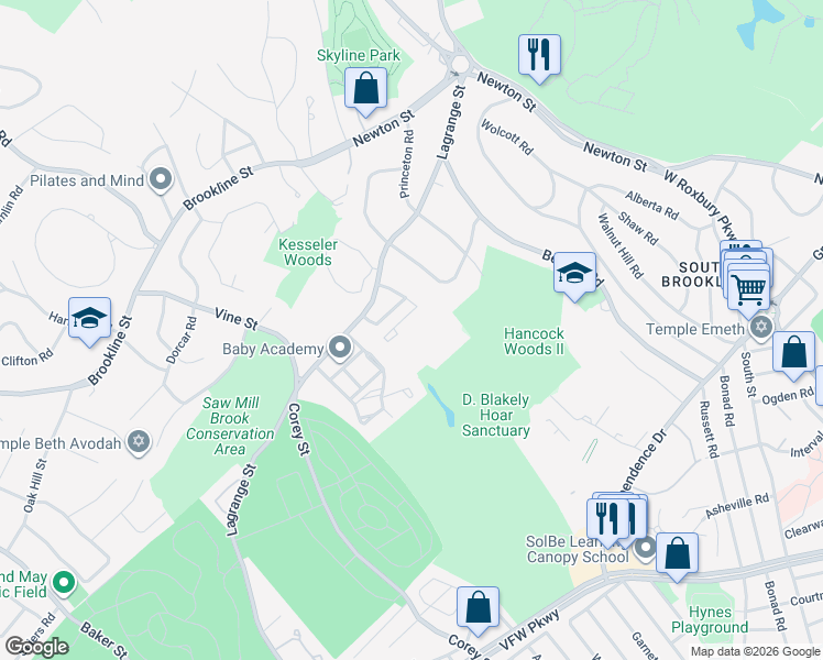 map of restaurants, bars, coffee shops, grocery stores, and more near 55 Broadlawn Park in Boston