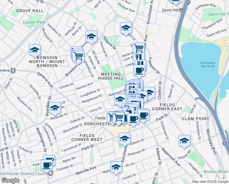 map of restaurants, bars, coffee shops, grocery stores, and more near 39 Robinson Street in Boston