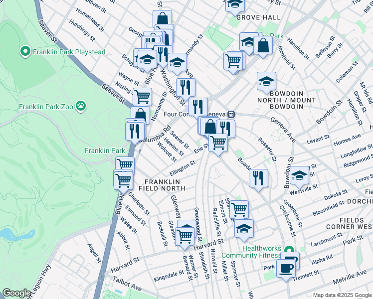 map of restaurants, bars, coffee shops, grocery stores, and more near 424 Seaver Street in Boston
