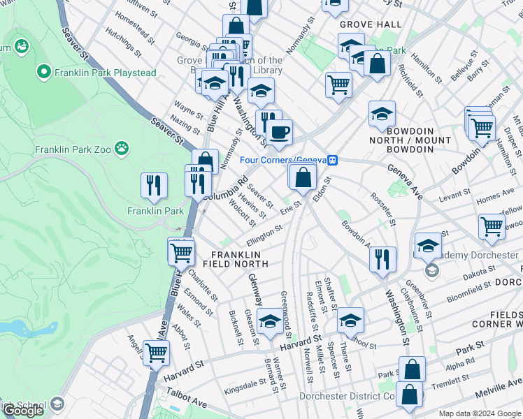 map of restaurants, bars, coffee shops, grocery stores, and more near 424 Seaver Street in Boston