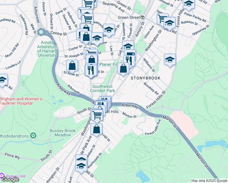 map of restaurants, bars, coffee shops, grocery stores, and more near 3615-3645 Washington Street in Boston