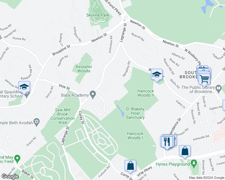 map of restaurants, bars, coffee shops, grocery stores, and more near 55 Broadlawn Park in Boston