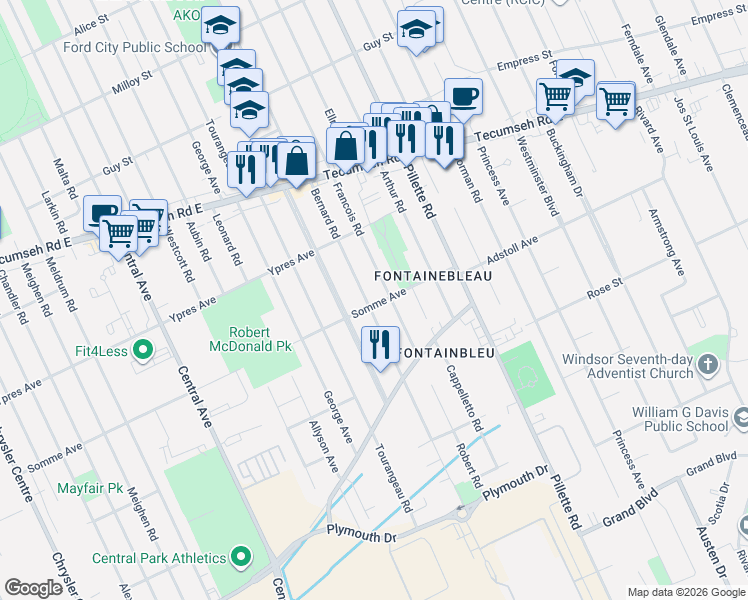 map of restaurants, bars, coffee shops, grocery stores, and more near in Windsor