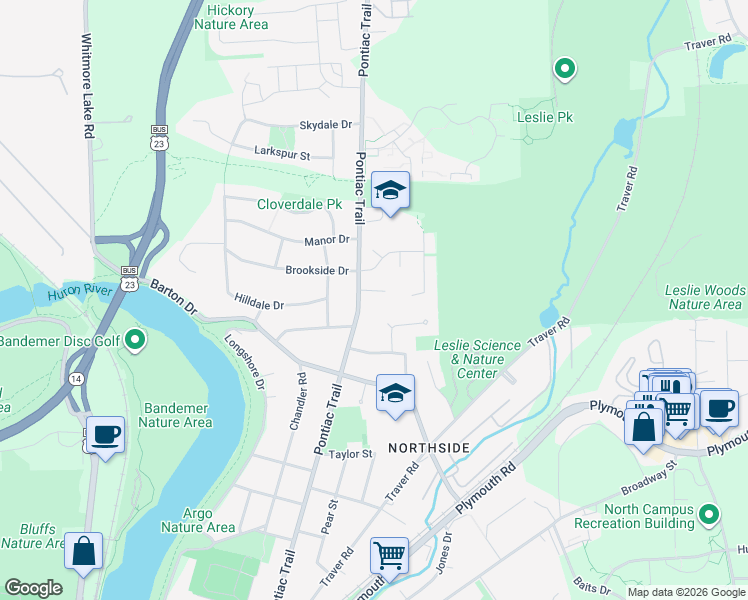 map of restaurants, bars, coffee shops, grocery stores, and more near 2012 Pontiac Trail in Ann Arbor