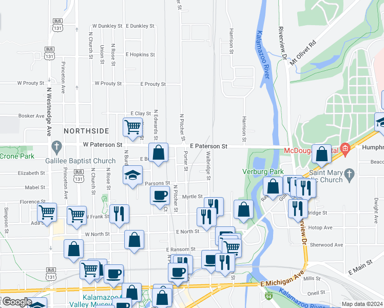 map of restaurants, bars, coffee shops, grocery stores, and more near 432 East Paterson Street in Kalamazoo