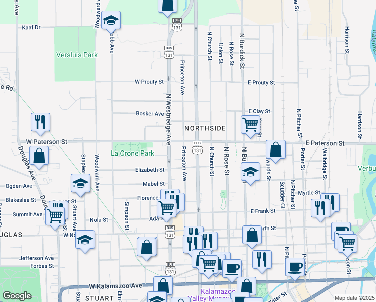 map of restaurants, bars, coffee shops, grocery stores, and more near 1212 Princeton Avenue in Kalamazoo