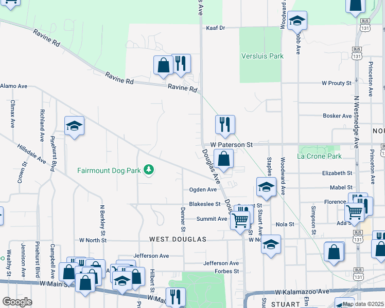 map of restaurants, bars, coffee shops, grocery stores, and more near 1227 Douglas Avenue in Kalamazoo